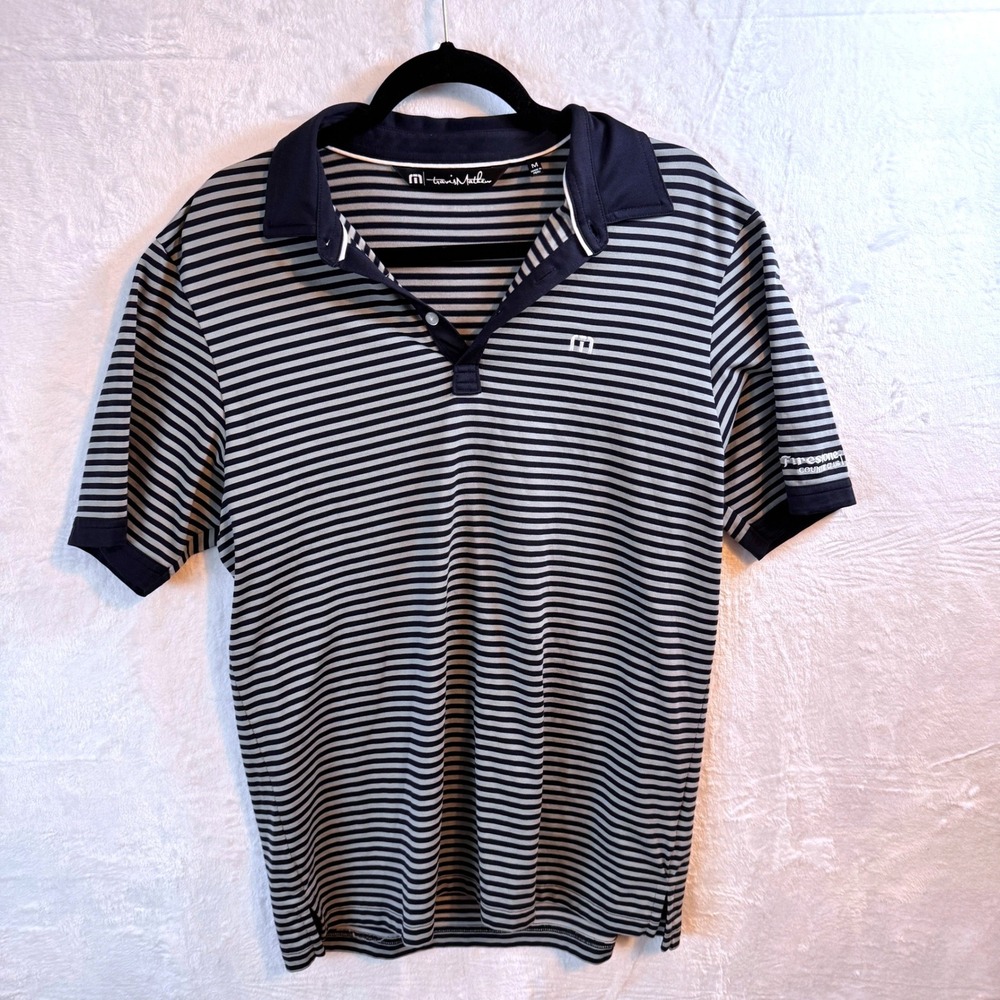 Travis Mathew Mens Polo Shirt Size Medium Navy Blue Stripe Golf Casual SZ M